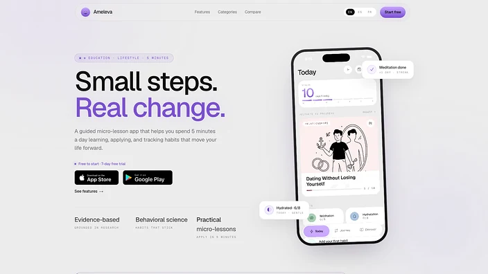 Page d’accueil d’Ameleva : « Small steps. Real change. », avec l’application montrant la journée en cours, une séquence de dix jours et un parcours sur les relations.